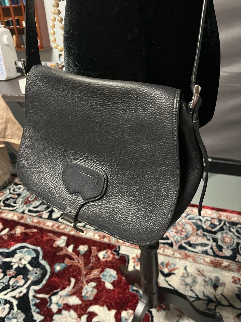 Authentic Prada Black Pebbled all genuine Leather Shoulder crossbody flap Bag